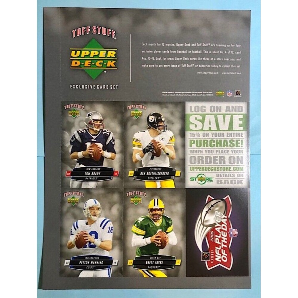 2006 Upper Deck Tuff Stuff Tom Brady,Favre,Peyton Manning 4 card uncut sheet #4